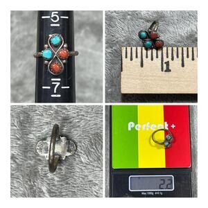 Vtg Sterling Silver & Turquoise/Red Coral Ring, Unsigned, Size 6